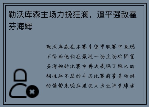 勒沃库森主场力挽狂澜，逼平强敌霍芬海姆