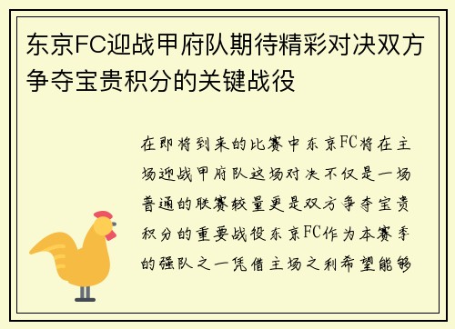 东京FC迎战甲府队期待精彩对决双方争夺宝贵积分的关键战役